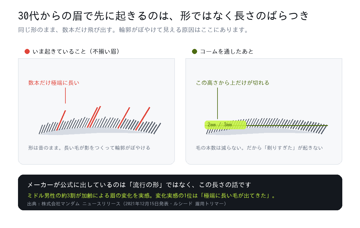 30代からの眉で先に起きるのは形ではなく長さのばらつき。不揃い眉とコームを通したあとの比較図