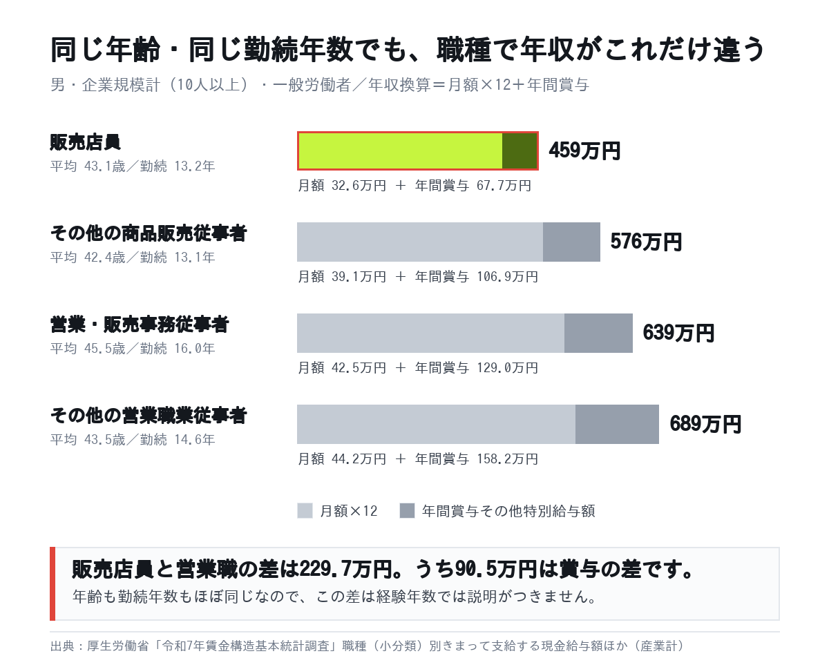 同じ年齢・同じ勤続年数でも職種で年収が違うことを示した図。販売店員459万円、その他の営業職業従事者689万円