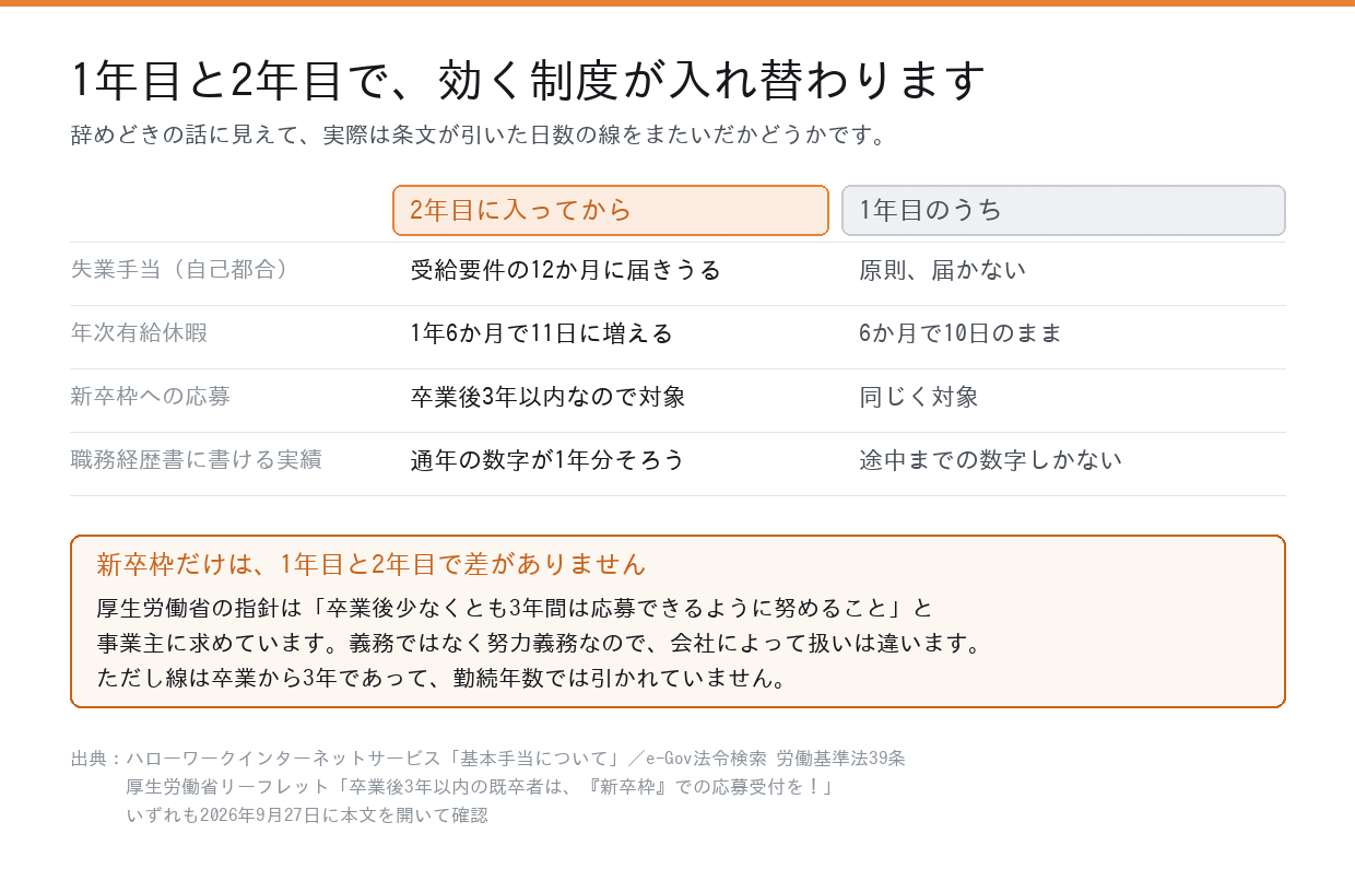 1年目と2年目で効く制度を並べた比較表。失業手当は2年目で受給要件の12か月に届きうる、有給は1年6か月で11日に増える、新卒枠は卒業後3年以内なので両方対象