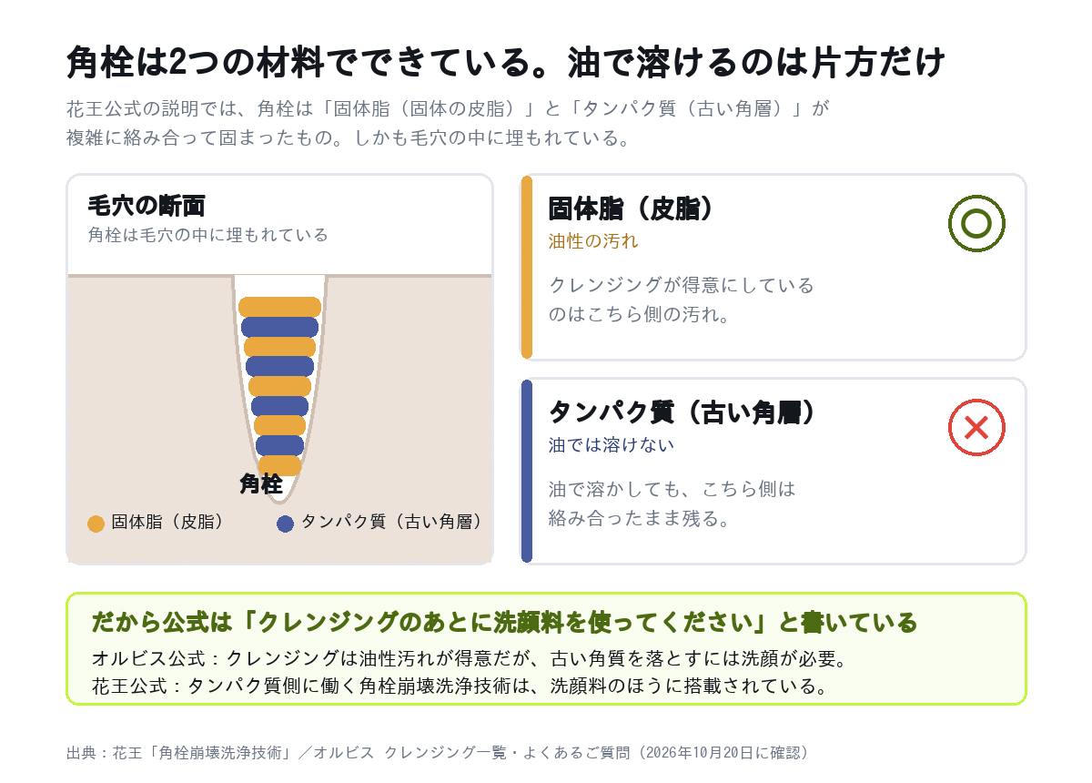 角栓は固体脂（皮脂）とタンパク質（古い角層）が絡み合ったもので、クレンジングが溶かせるのは皮脂側だけという図解